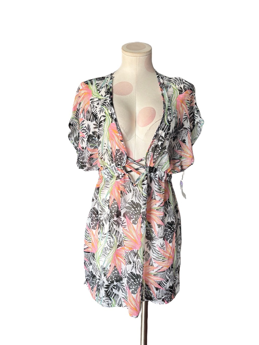 NWT MIKEN Swim Tropical Floral Cover Up Dress Kimono Pink Black Green M